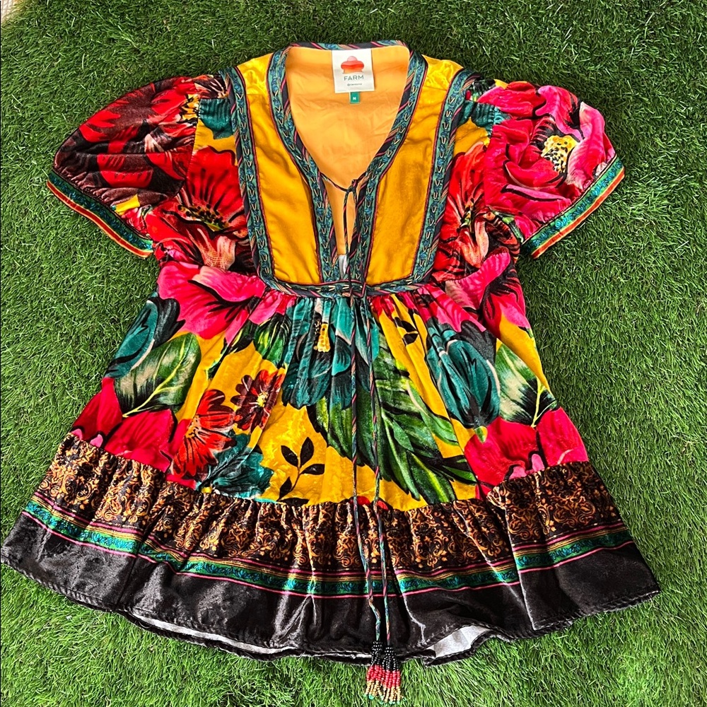 FARM RIO Winter Garden Velvet Floral Beaded Peasant Top Size M